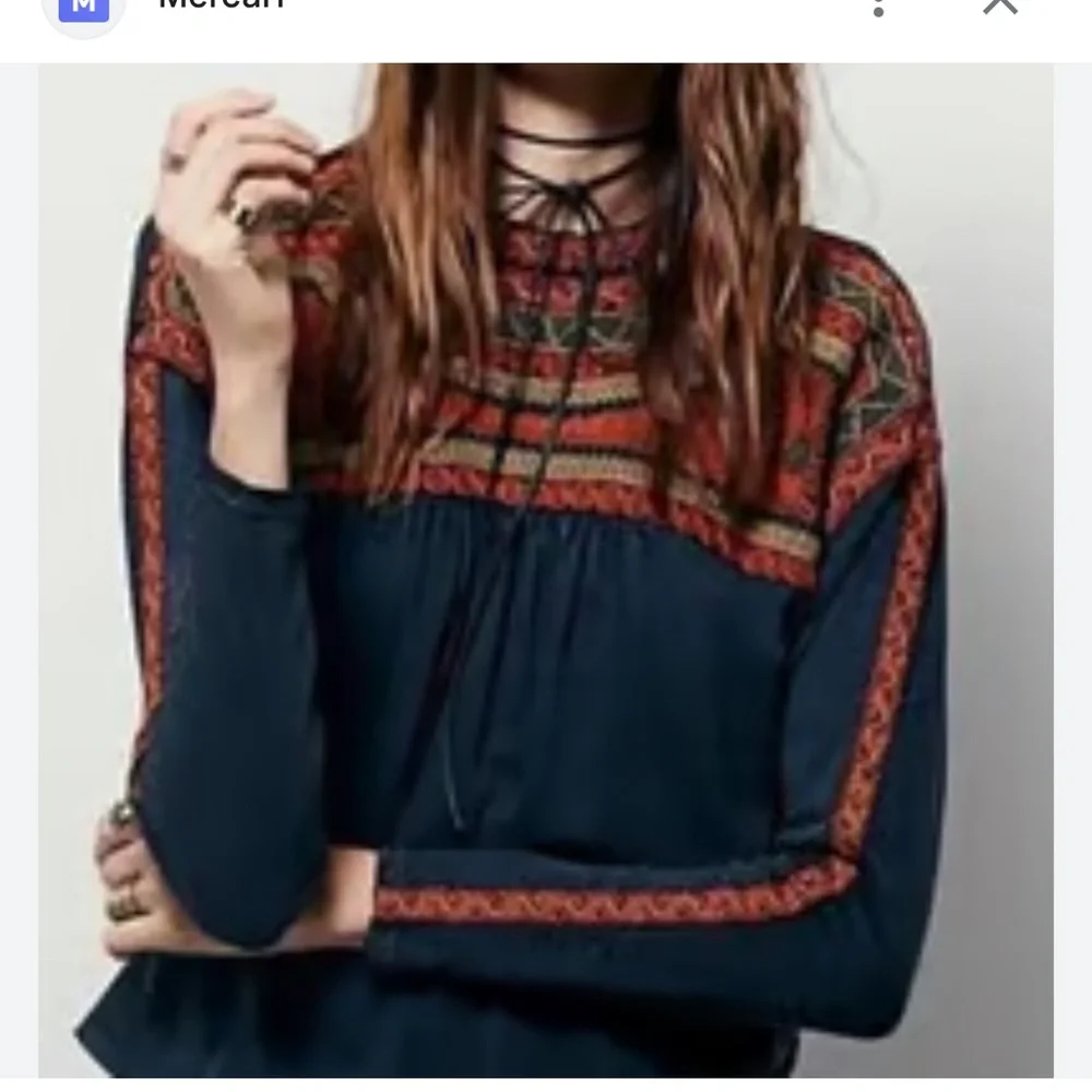 NWOT Free People Women's Black Snow Bunny Embroidered Swing Blouse Top Size S